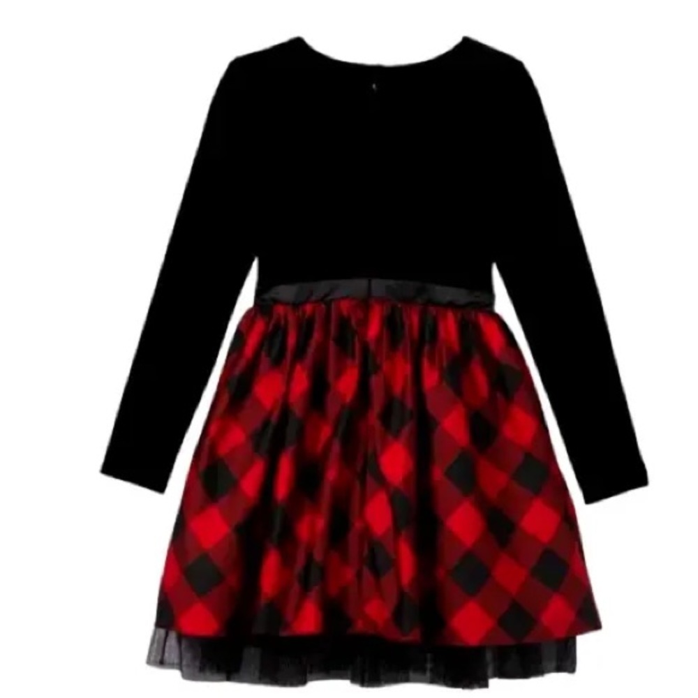 Cat & Jack Red/Black Girls Velour Buffalo Check Long Sleeve Dress